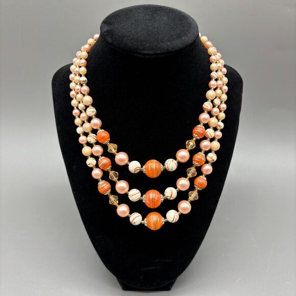 Vintage Japan 1950s Three Strand Glass Bead Necklace Orange Pink Pearl Plastic - Picture 1 of 12